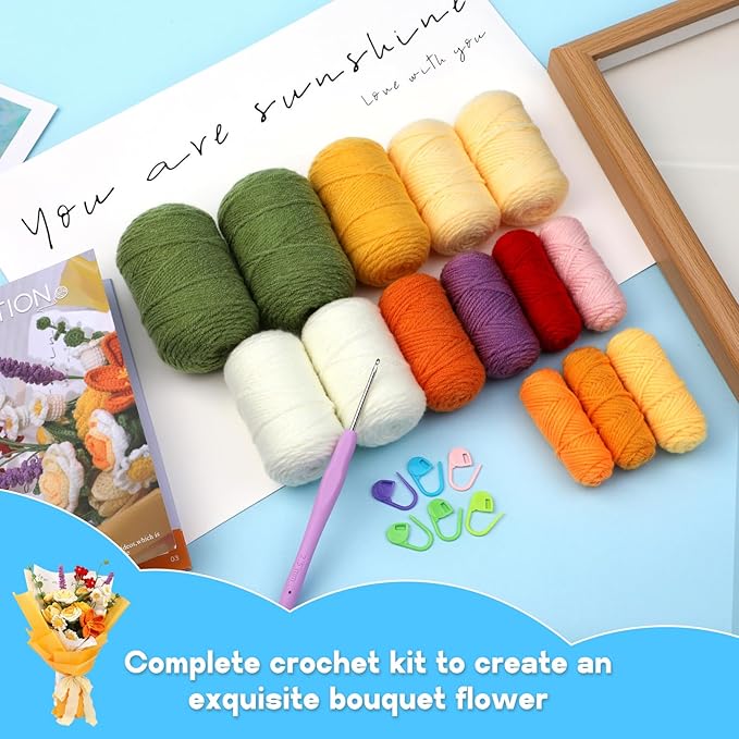 Iuuidu Crochet Kit for Beginners, Flower Bouquet Crochet Kit Rose, Knitting Starter Kit with Crochet Yarn and Step-by-Step Instructions for Birthday, Wedding Anniversary Day Present