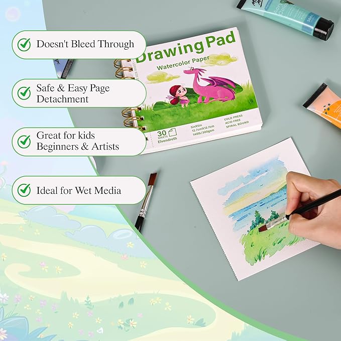 Elvendreth Water Color Paper Pad 5x5 Inch 30 Sheets Cold Press Paper (140lb/300gsm), Spiral Bound/Tear Line Watercolor Sketchbook for Smaller - Sized Exercises or Travel for Art Drawing Supplie
