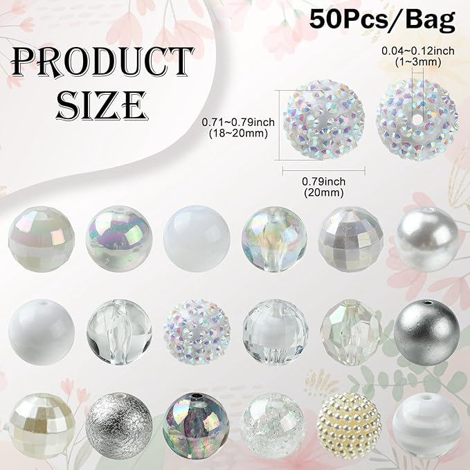 Ipotkitt 50 Pcs 20mm Acrylic Bubblegum Beads Round Spacer Loose Beads White Theme Disco Ball Chunky Rhinestone Beads for Pen Bag Chain Jewelry Making