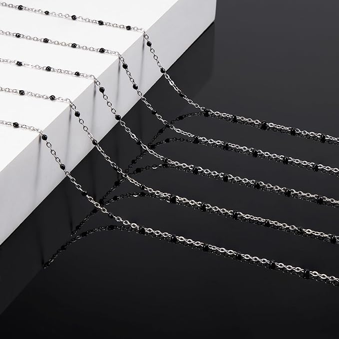 KYUNHOO 16.4FT/5M Black Enamel Beaded Chain for Jewelry Making Silver Cable Link Roll Stainless Steel Jewelry Chain for Necklace Bracelet DIY