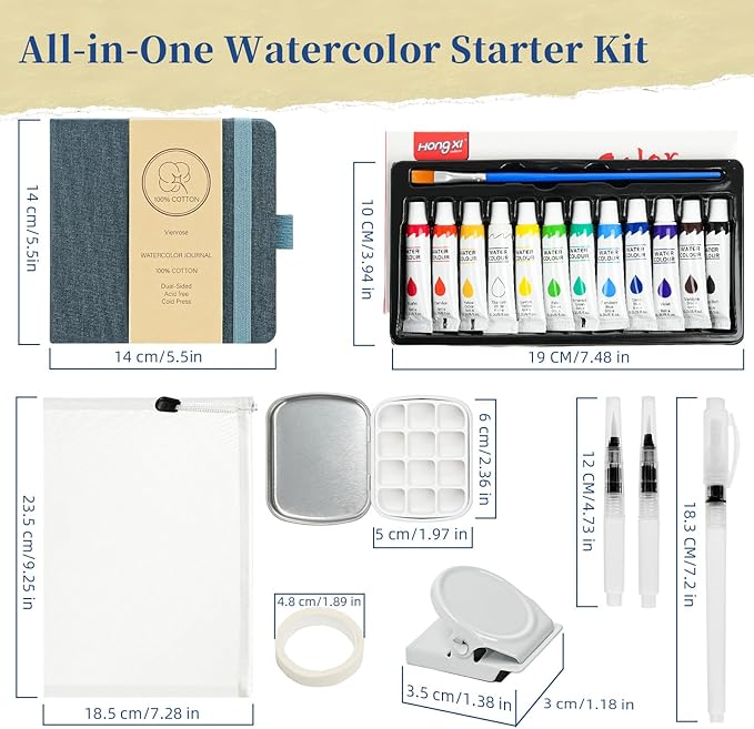 Vienrose Mini Portable Watercolor Palette Set for Travel & Outdoor Painting with 5.5" x 5.5" Linen Cover Watercolor Sketchbook, 12-Color Watercolor Paints, 3 Pens, Artist Tape & Storage Bag