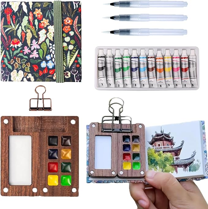 Aimery Mini Watercolor Paint Travel Set, Portable Small Miniature Pocket Water Color Painting Kit with Wooden Palette & Sketchbook(Rainforest)