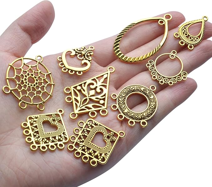 Earring Connectors, 40pcs 10 Styles Tibetan Bohemian Chandelier Charms Metal Embellishments for DIY Dangle Earring Drop Jewellery Making Kits, Antique Golden