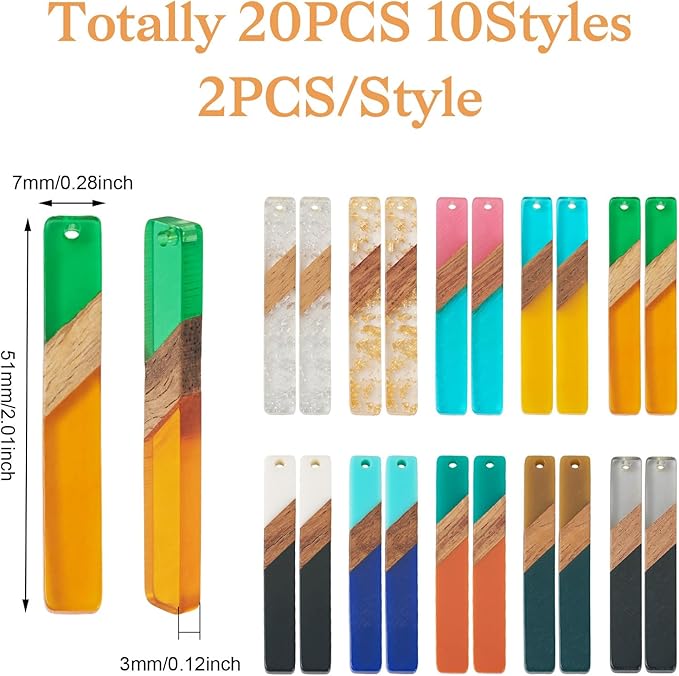 Beadthoven 20pcs/10 Pairs Rectangle Bar Wood Charms Western Charms for Earrings Assorted Colorful Natural Wood Earrings Pendants for Jewelry Making Necklace Findings Women
