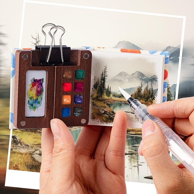 Qilery Mini Portable Watercolor Palette Set Wooden Grid Paint Box Watercolor Paper Sketch Book Brush Pens with Binder Clip for Painters Artist Not Include Paint(Azalea)