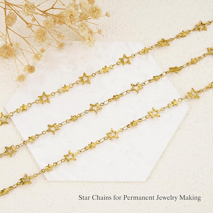 GTVOODX Gold PVD Stainless Steel Chains for Jewelry Making, 13 Feet Star Link Chain Bulk for Jewelry Making Necklace DIY Craft