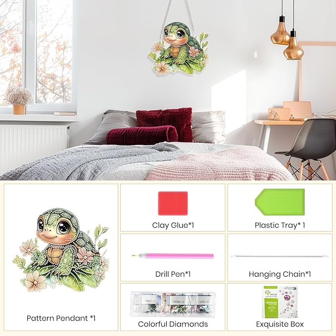 Hanging Diamond Art Kits for Adults Beginners, Turtle Flower Diamond Painting Pendant Kit, DIY Acrylic 5D Special Shaped Crystal Diamond Gem Art Painting Hanging Ornament for Home Wall Decor