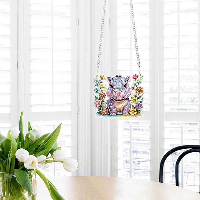AiYuanzsh DIY Diamond Art Painting Hanging Kit Hippo, Acrylic 5D Diamond Painting Pendant Ornament Board Kit, Home Garden Wall Door Diamond Art Hanging Ornament
