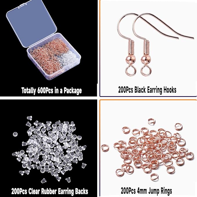 600Pcs Hypoallergenic Earring Hooks, Rose Gold Earring Making Kit, Supplies with Earring Backs and 4mm Jump Rings for Jewelry Making (Rose Gold)