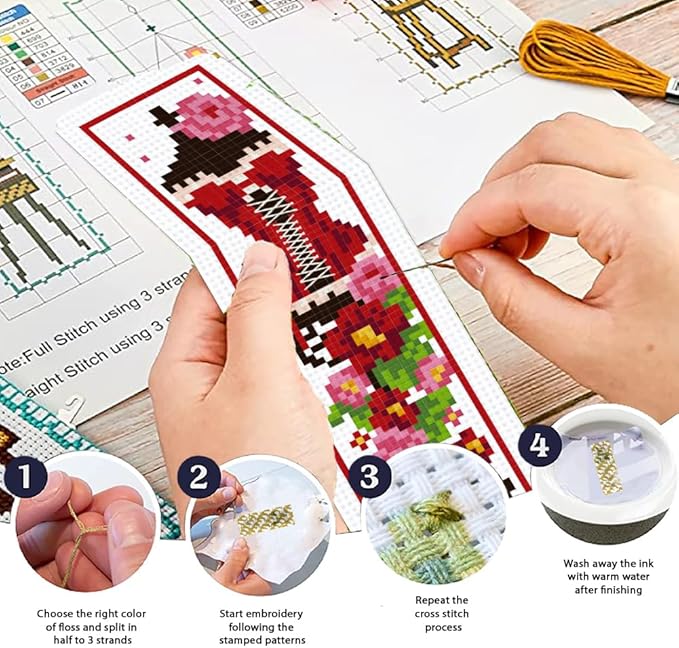 ORIGACH 6 Pcs Cross Stitch Bookmark Kit for Beginner Adults, Mannequin with Flowers Stamped Embroidery Bookmark Kit with Instruction for Starters Printed Cross Stitch DIY Kits for Book Lovers