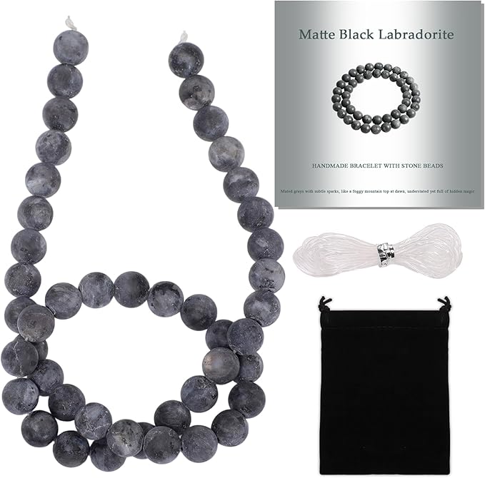 Stone Beads, 45pcs Matte Black Labradorite, 8mm Round Loose Beads for Jewelry Making, Bracelets, with Bag, String & Card