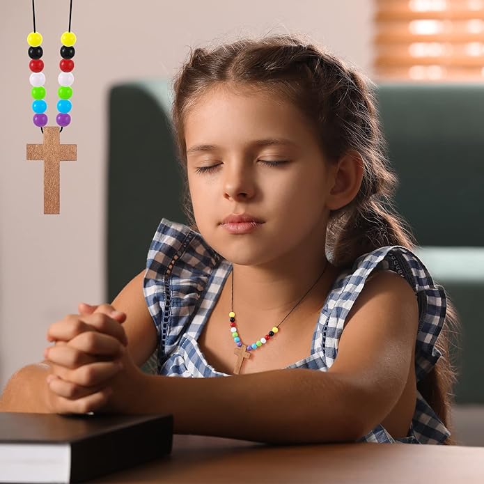 Kathfly DIY Wood Cross on Cord Pendant Necklace Sunday School Crafts for Kids Wood Cross Necklace with Colorful Beads Religious Party Favor for Vbs Church Easter Gifts