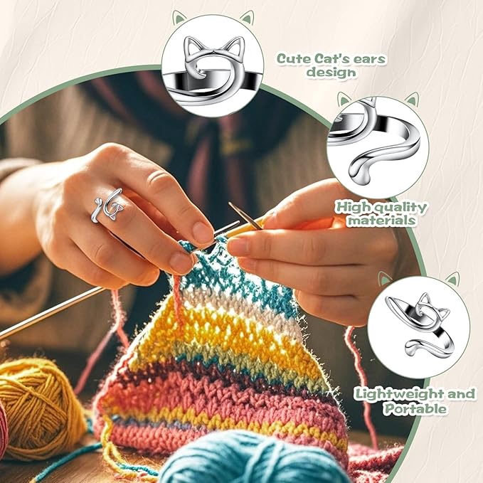 10Pcs Crochet Rings for Tension Control - Adjustable Yarn Guide Ring with Cat Ear Design - 5 Colors Metal Finger Ring for Faster Crocheting (Perfect Gifts for Crafters/Mothers/Grandmas)