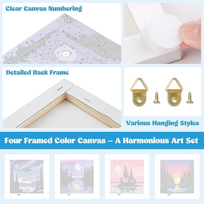 Lxmsja 4 Pack Fantasy Moon Lake Paint by Numbers Kit for Adults, Easy Framed Paint by Numbers for Adults Beginner, DIY Acrylic Oil Painting Craft Kits for Home Wall Decor 8x8 inch
