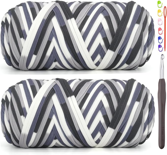 2 Pack Tshirt Yarn for Crocheting,Rainbow T Shirt Chunky Elastic Thick T-Shirt Crochet Yarn for Beginners Crocheting Hand Knitting Bag/Basket/Coasters/DIY Crafts/Home Decor 2 * 200G-Black White Grey