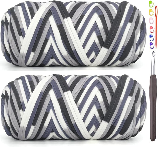 2 Pack Tshirt Yarn for Crocheting,Rainbow T Shirt Chunky Elastic Thick T-Shirt Crochet Yarn for Beginners Crocheting Hand Knitting Bag/Basket/Coasters/DIY Crafts/Home Decor 2 * 200G-Black White Grey