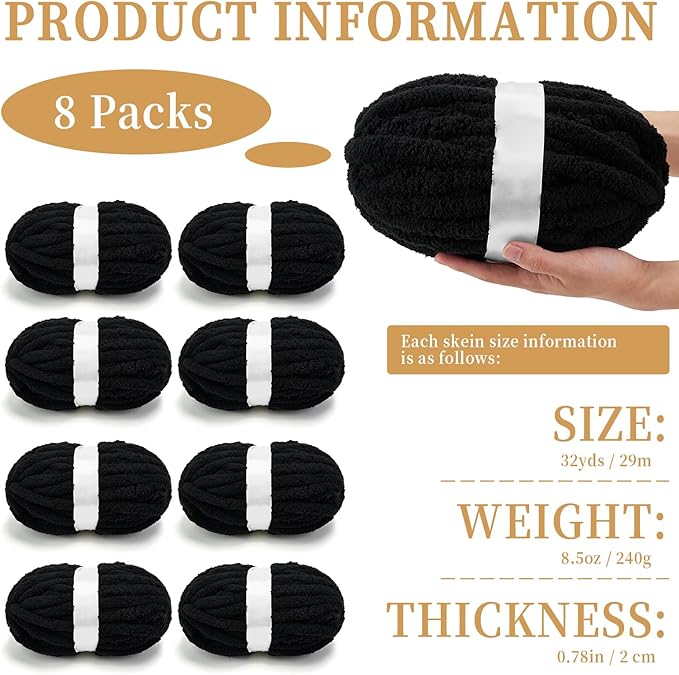 Chunky Chenille Yarn for Crocheting/Arm Knitting, Super Soft Jumbo Knit Blanket Yarn Black 8 Pack (32 yds, 8.5 oz Each Pack)
