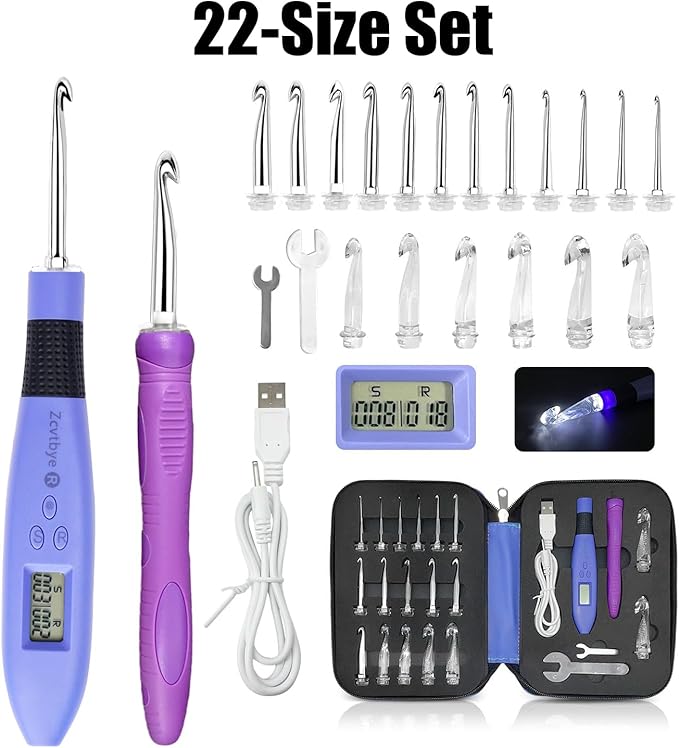 Crochet Hook with 22 Different Size, for Stitch & Row Counter, Light Up Interchangeable Crochet Needle, Ergonomic Crochet Hooks with 2 Levels Led