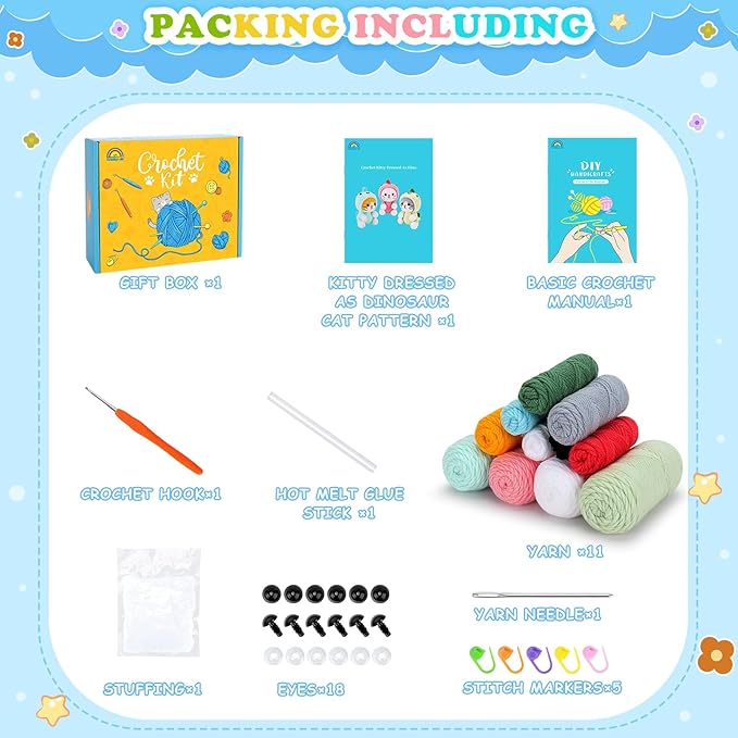 Crochet Kit for Beginners - 3 PCS Dinosaur Cat Crochet Kits with Step-by-Step Video Tutorials, Beginner Crochet Kit for Adults, Crochet Animal Kit for Starters, Cat Dressed as Dinosaur Crochet Set