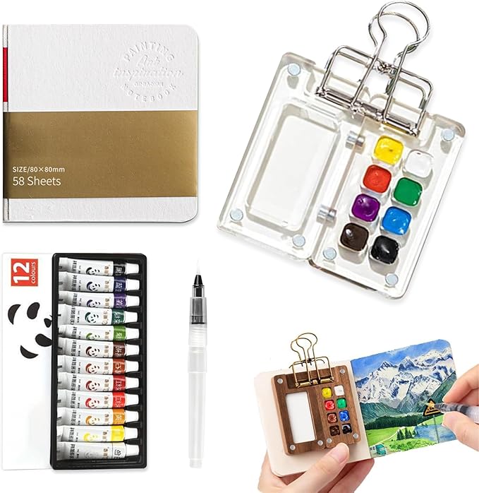 Mini Watercolor Paint Set Pocket Artist Watercolor Travel Set with Mini Paint Palette,Brushes, 12 Colors, Watercolor Sketchbook for Artists Painters Students(Plastics)