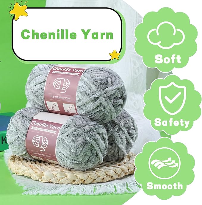 LUNARM Chenille Yarn for Crocheting Knitting, 3 Skein 10.58 oz / 263 Yard Thick Soft Chunky Fluffy Weaving Plush Yarn for Blankets Clothes Pattern with Big Eye Needles(Gray Ink Gradient)