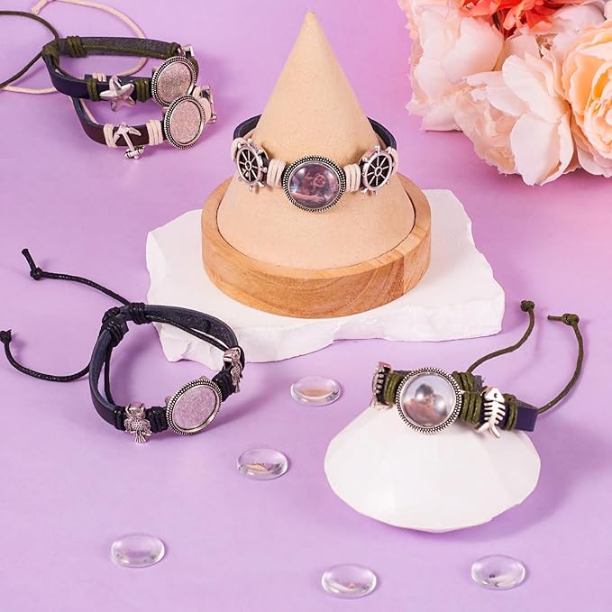 FASHEWELRY 5Pcs Cowhide Leather Cord Bracelet Bezel Tray Blank Bangle Base Settings 18mm Adjustable Round Cabochon Tray Bracelet for Jewelry Making