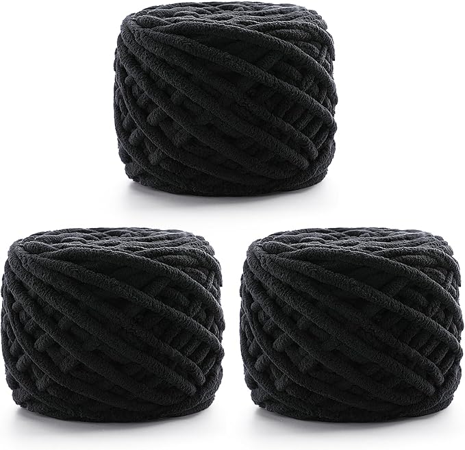 3 Pack Chunky Chenille Yarn for Crocheting, Fluffy Baby Blanket Yarn for Crochet Sweater Shawl Scarf Gloves, Super Soft Amigurumi Plush Yarn 222 yds/10.5 Oz (Black)