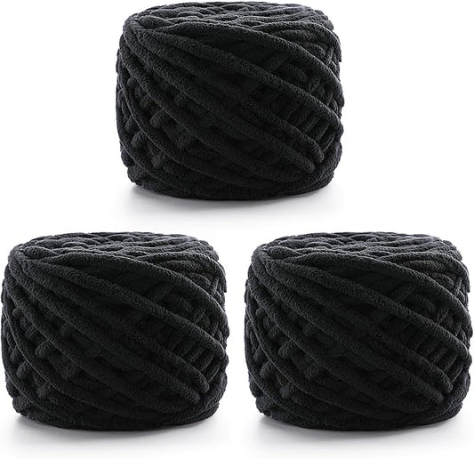 3 Pack Chunky Chenille Yarn for Crocheting, Fluffy Baby Blanket Yarn for Crochet Sweater Shawl Scarf Gloves, Super Soft Amigurumi Plush Yarn 222 yds/10.5 Oz (Black)