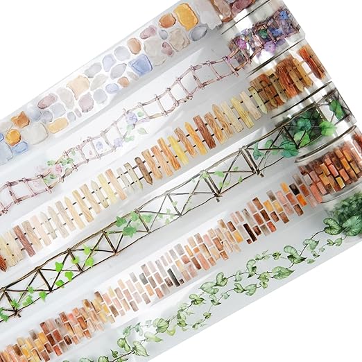 6 Rolls Garden Path PET Scrapbook Tapes, Landscaping Tape with Fence, Vines, Brick & Ladder Designs for Journaling & Scrapbook Supplies, Includes Decorative Clip