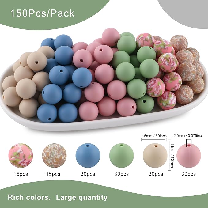 150Pcs Mixed Color 15mm Silicone Beads for Keychain Making, Blush Green Flower Print Silicone Beads for Pens and Bracelet Jewelry Making