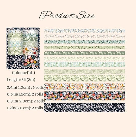 12 Rolls Floral Washi Tape Set - 0.4/0.6/0.8/1.2in Numerous Flowers Design Decorative Tapes for Journaling Scrapbooking Writable Vintage Scrapbook Supplies Letter Gift Craft Tape (Colorful1)
