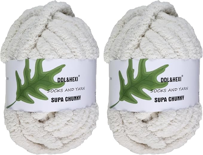 DDL&HEXI 2 Skeins Super Chenille Chunky Yarn,Blanket Making Kit,Jumbo Knitting Yarn 2x8oz 226g per Bag (White)