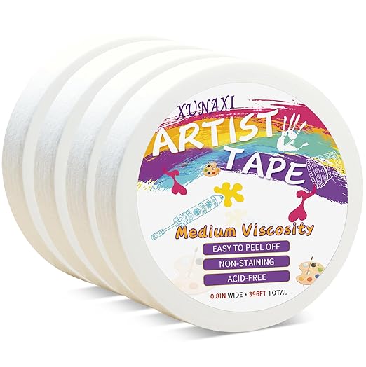 4 Packs Artist Tape Medium Tack White Art Tape for Watercolor Paper Drafting Art Painting Canvas Framing Acid Free Masking Tape- 0.8IN Wide 396FT Long Total
