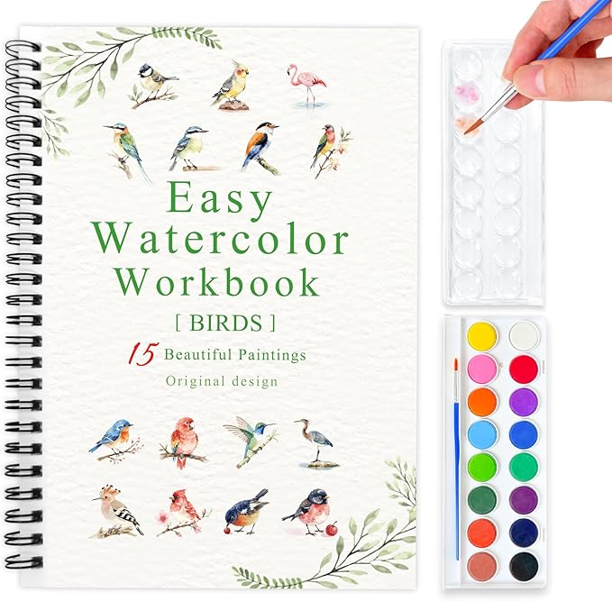 SLWBZ Watercolor Workbook Birds, 15 Different Patterns of Original DIY Designs, 16 Color Watercolor Paint Plates with Palette and Brush, Beginner-Friendly Watercolor Workbooks, Birds