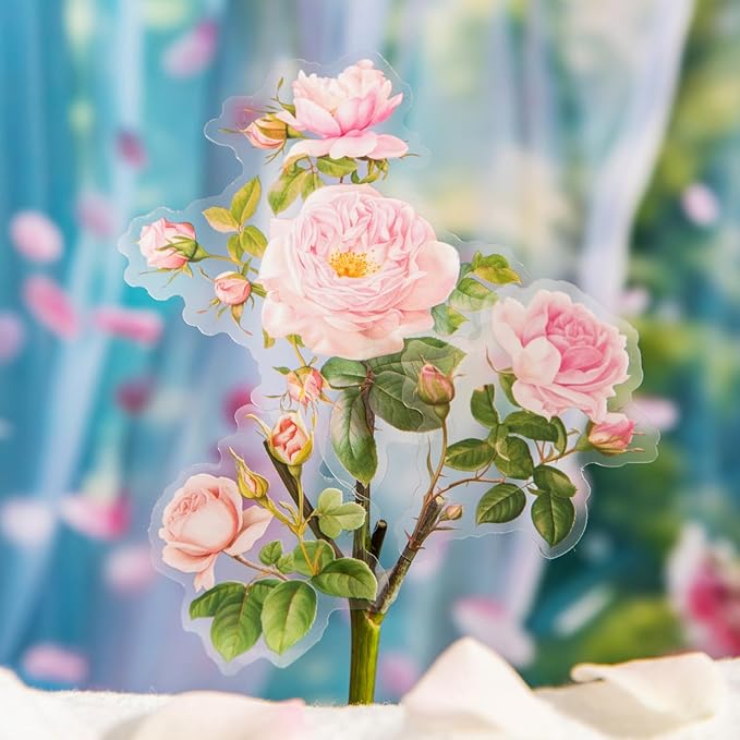 TIAMECH Pink Garden PET Stickers - 180 Pcs Cherry Lilac Peony & Tulip Rose Wildflower Design, Waterproof Sticker for Journaling & Scrapbooking, Junk Journal Supplies, Ephemera & DIY Crafts