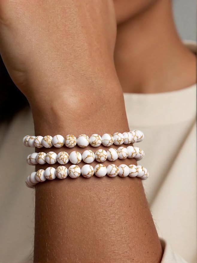 Stone Beads, 45pcs White Howlite, 8mm Round Loose Beads for Jewelry Making, Bracelets, with Bag, String & Card
