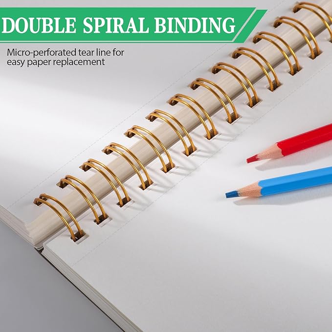 Sketch Book with 12 Color Pencil Set, 90 Sheets Spiral Sketchbook for Drawing (68lb/100gsm), Acid-Free Sketch Pad for Artist, Art Paper Drawing Supplies for Gifts(Green)