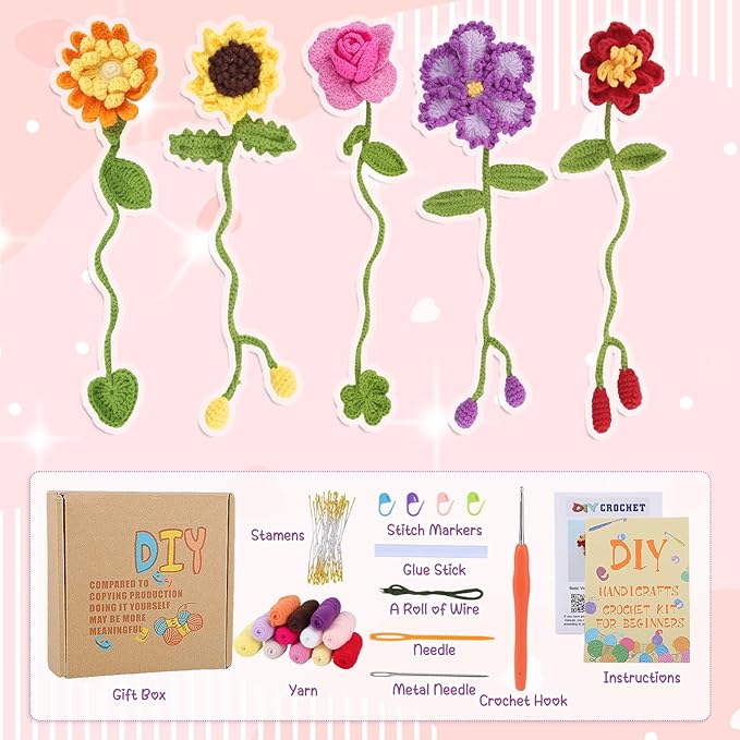 WSICSE 8 Pcs Crochet Flower Bookmarks, Handmade Floral Bookmark Knitting Kit with English Instructions Hook Yarn for Easter Decorations Gifts Book Lovers
