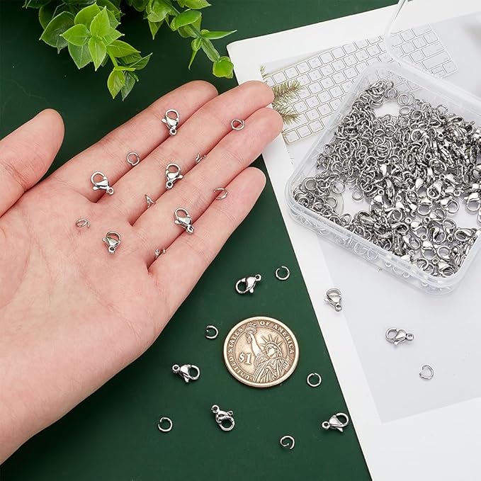 PandaHall 300 pcs 5mm 20 Gauge 304 Stainless Steel Jump Rings with 100pcs Lobster Claw Clasps for Earring Bracelet Necklace Pendants Jewelry DIY Craft Making, Stainless Steel Color