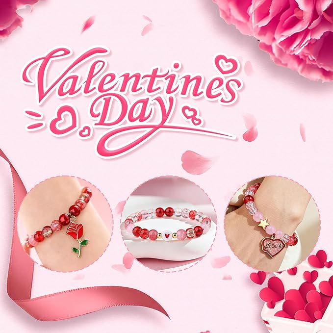 DUQGUHO Valentine's Day Beads for Jewelry Making, 8mm Red Pink White Glass Beads for Bracelet, Heart Beads Gold Bead and Sweet Heart Charms for Bracelet Necklace Crafts DIY 580PCS