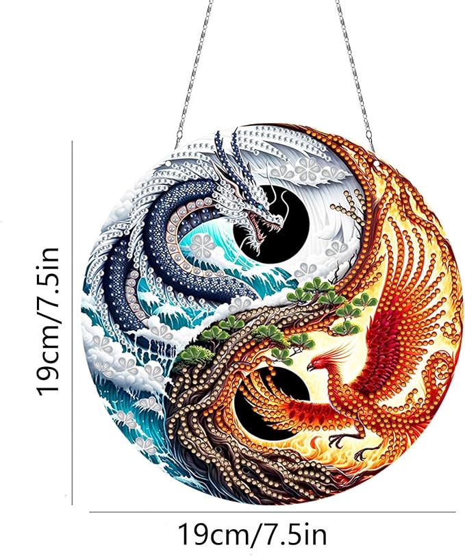 Generic DIY Hanging Diamond Pendant Special Shaped Crystal Diamond Art Painting Ornament Single Sided for Window Home Garden Wall Door Decor-Dragon & Phoenix