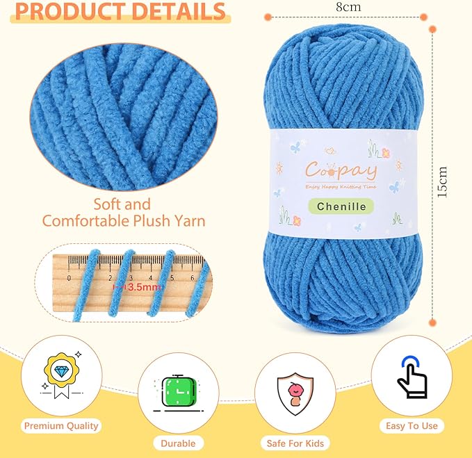 Coopay Chenille Yarn for Crocheting, 12 Pack Medium Weight Yarn - CYC #4 - Total 780yd, Soft Crochet Yarns for Plush Toys, Blankets, Scarves (Colorful)