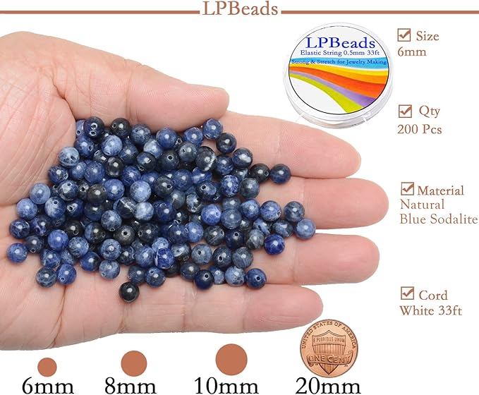 LPBeads 200Pcs Polished 6mm Round Natural Blue Sodalite Gemstone Loose Beads with Stretch Cord for Jewelry Making Bracelets