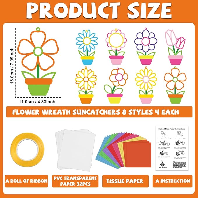 32 Sets Spring Suncatchers Craft Kit Flower Pot DIY Window Art Sun Catchers Stained Glass Ornament Colorful Plant Paper Crafts Home School Classroom Decorations Creative Project Activity Game
