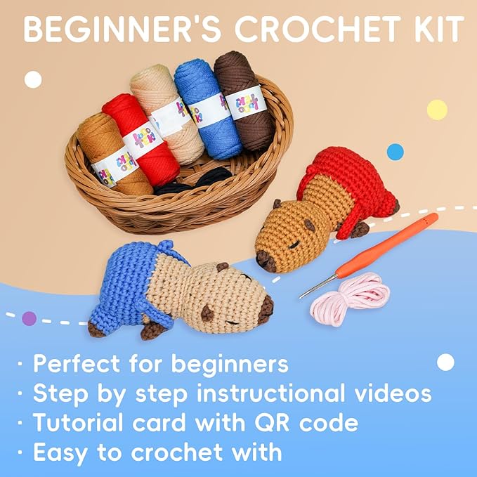 LUDOTEK Crochet Kit for Beginners, Crochet Animal Kits,Crocheting Kit for Starters with Step-by-Step Video Tutorials, Beginner Crochet Kits for Adults(2 Pack Capybara)