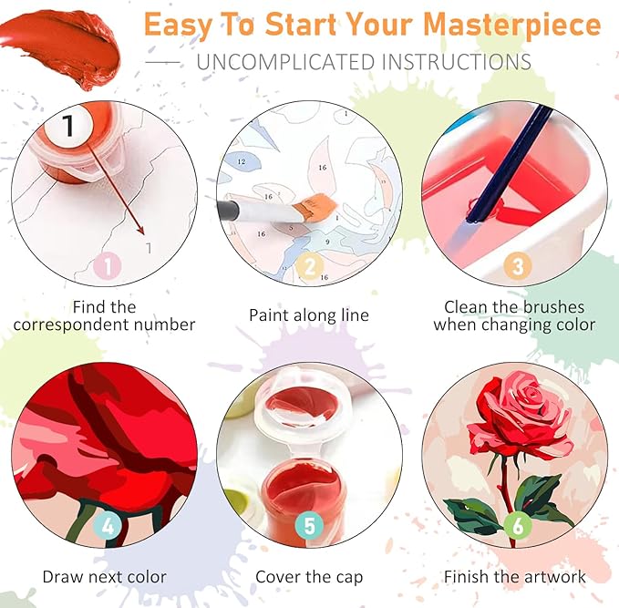 Offito Framed Paint by Numbers Kit for Adults Beginners & Kids Ages 8-12, Rose Flower Acrylic Easy Paint by Number with Frame, Paint by Number Kits on Canvas Framed (10 * 10 Inch, Without Easel)