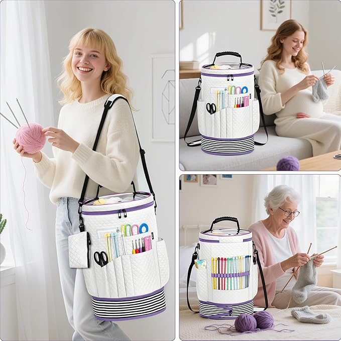 IBFUN Crochet Yarn Knitting Bag 3PCS - Expandable Yarn Storage Organizer Crocheting Bag with Accessories Cases Adjustable Strap for Hooks, Needles, Accessories, Crochet Lovers, Supplies, Beginners