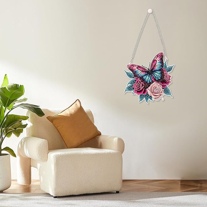 MOGTAA Butterfly Diamond Art Hanging Pendant Kits, 5D Special Shape Diamond Art Kits for Adults, Crystal Rhinestones Flowers Diamond Painting Gem Art for Home Garden Window Wall Decor