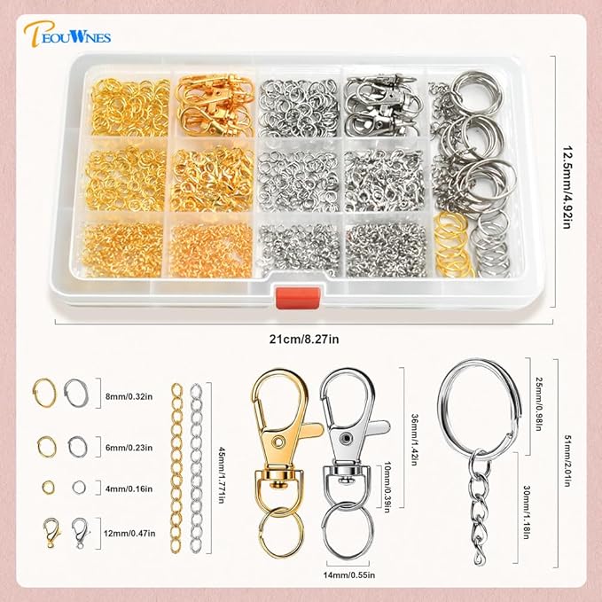968pcs Jump Rings for Jewelry Making Kit, PEOUWNES Gold & Silver Keychain Rings with Lobster Clasps, DIY Bracelet Necklace Charms Supplies (Multi-Use Craft Set)