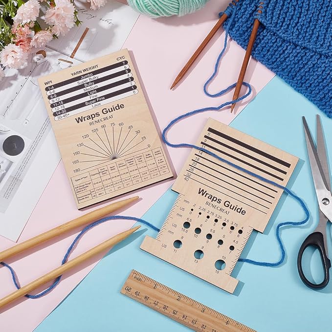 BENECREAT 2Pcs Rectangle Wooden Knitting Needle Gauge, Yarn Wrap Guide Board Knitting Tool for Spinners Yarn Measuring Crochet Accessories